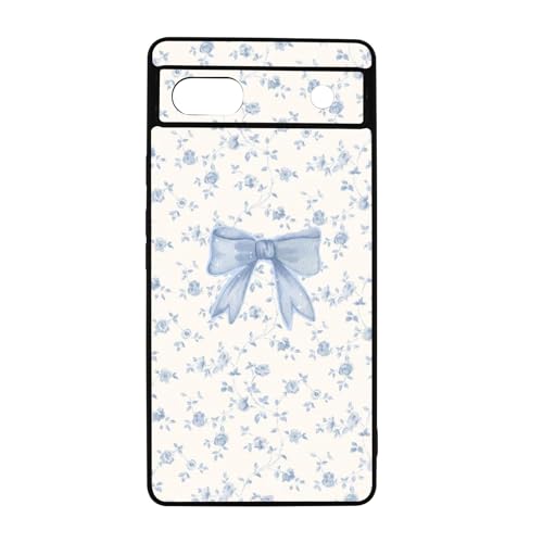 qizjio Cute Blue Bow Phone Case Shockproof Protective Aesthetic Floral Blue Flower Phone Cover for Google Pixel 6A
