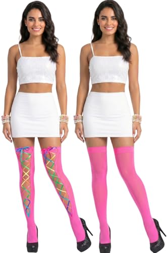 Image of ToBeInStyle Women's Lace Up Back Seam Tights Sheer or Opaque Hosiery Stockings Crisscross Lace Ribbon Zigzag Design