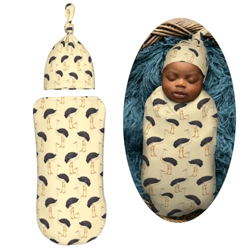 Image of Watercolor Cartoon Ostriches Newborn Swaddle Blankets Hat Sets Soft Baby Receiving Blanket Swaddle Sack for Baby Shower Infant Boy Girl Gift
