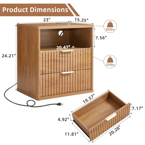 Image of LEYAOYAO Fluted Nightstand with Charging Station, 23 inch Modern Night Stand with Woodgrain Top, 2 Drawers End Table w /Storage, Bedside Tables for Bedroom, Living Room, Curved Profile Design,Brown