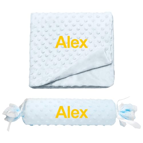 rparty- Cojín en Forma de Caramelo + Manta de Burbujas para Bebé Recian Nacido – Textura Extra Suave de Burbujas, Personalizado con el Nombre del Bebé Bordado y Puntilla de Encaje, Desenfundable.