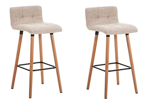 TPFLiving Juego de 2 taburetes de bar London con respaldo cómodo y reposapiés cómodo – Estructura de madera de haya marrón claro – Superficie del asiento: tela crema