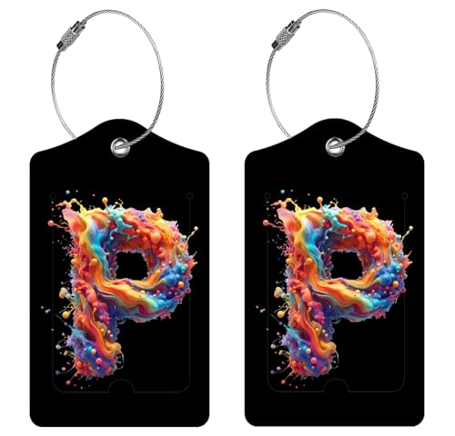 2 Pack Initial Luggage Tag for Suitcase, Colored Letter Unique Leather Bag Tags Identifiers Privacy Cover ID Label with Durable Steel Loop for Women Men Kids Girls Travel, Splash P