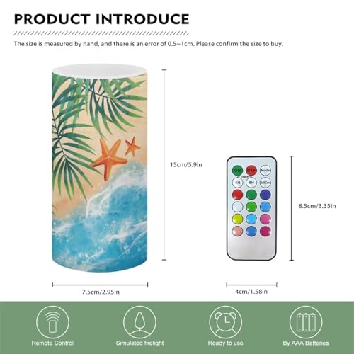 Image of Poceacles Beach Starfish Palm Tree Flickering Flameless LED Battery Candles Pillar Candles Tealight with 18-Key Timer Remote with Colorful Light Safe for Indoor Outdoor Home Coastal Decoration