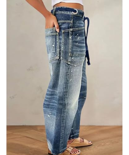 Women's Trendy Mid Rise Baggy Boyfriend Jeans Distressed Drawstring Waist2