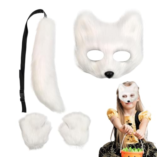 Cubierta facial de de Halloween, juego de guantes de cola de peludo, disfraz de cosplay, cubierta realista de cabeza de animal para Halloween