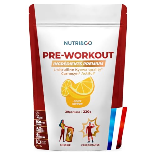 NUTRI & CO Pre-Workout en Poudre Qualité Prémium – Boisson Énergisante avec L-Citrulline KyowaQuality®, Bêta-Alanine Carnosyn® et Caféine – 220g goût Citron – Vegan – Fabriqué en France
