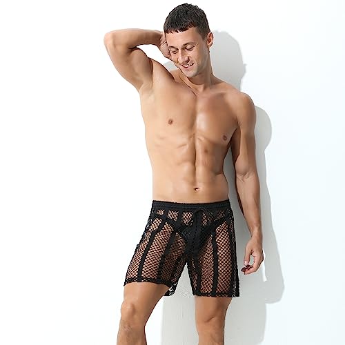 Evankin Mens Sexy stripe Fishnet Shorts See Through Mesh Loose Shorts Sheer Lounge Boxer Underwear Trunks3