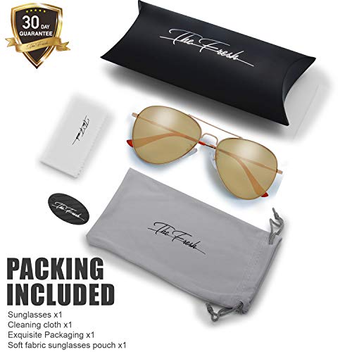 Image of The Fresh Classic Aviator Sunglasses for Men Women, Metal Frame Mirror Lens, Pilot Style, Includes Cleaning Cloth, Pouch