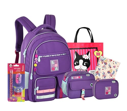 Kit Mochila Luluca Costas Escolar Juvenil Infantil Lancheira E Estojo Chaveiro (ROXO)