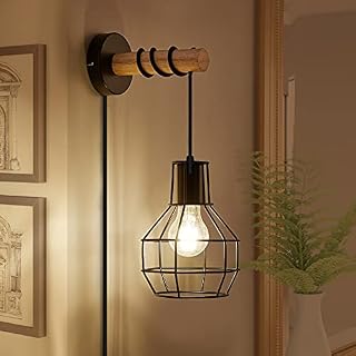 Industrial Wall Lights with Plug in Cord for Living Room, Black Farmhouse Wall Sconces with Metal Cage Retro Lamps E27 Vintage Lighting Mounted Fixture with Switch Bedroom Bedside Reading Lights
