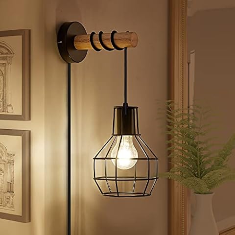Industrial Wall Lights with Plug in Cord for Living Room, Black Farmhouse Wall Sconces with Metal Cage Retro Lamps E27 Vintage Lighting Mounted Fixture with Switch Bedroom Bedside Reading Lights Cover