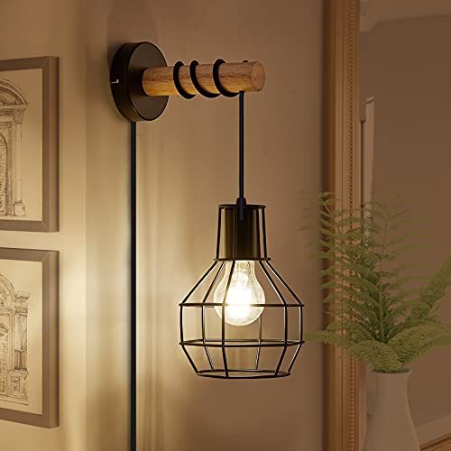 Image of Industrial Wall Sconces with Plug in Cord, Farmhouse Lamps with Switch Vintage Classy E26 Edison Metal Mounted Lights Fixture Wood for Bedroom,Living Room,Hallway
