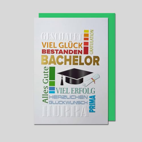 Michel Verlag Glückwunschkarte zum BACHELOR. Hochwertige Klappkarte, Gratulation Geschenkidee Studium beendet Universität Abschlussprüfung, inkl. Umschlag. 12x17cm, Made in Germany! (Gold-Letters)