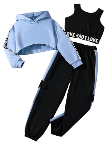 Image of Hilinker Girls Graphic 3 Piece Outfits Workout Hoodie Crop Tank and Sweatpants Set