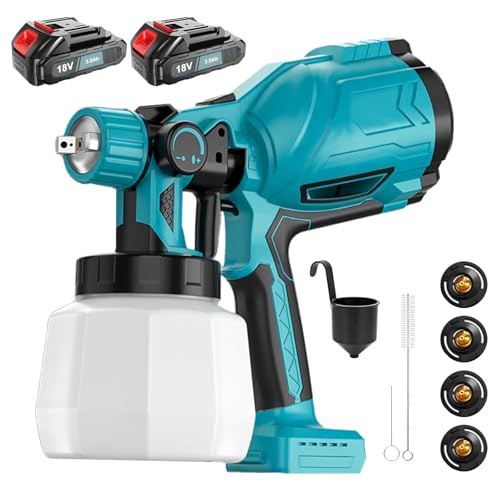 Cordless Paint Sprayer with 2 * 3000mAH Battery, Fence Paint Sprayer HVLP Spray Gun for Makita with 4 Nozzles, Electric Spray Gun for Home Interior and Exterior Painting