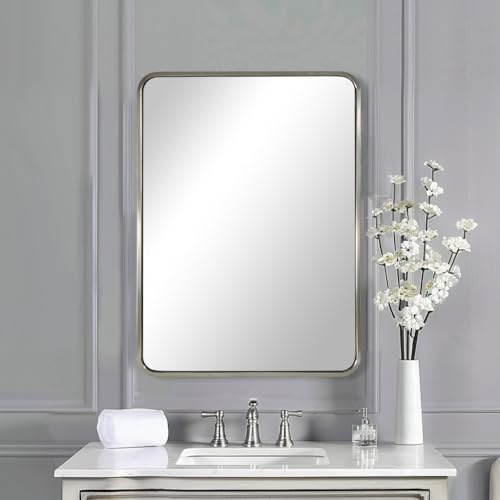 Image of ANDY STAR 22x30'' Brushed Nickel Bathroom Mirror, Rounded Rectangle Brushed Silver Mirror for Bathroom Vanity SUS304 Metal Tube Framed(Rustproof) 1'' Deep Wall Mounted Vertically /Horizontally
