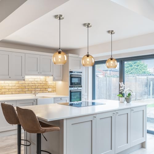 Image of Light Brown Glass Pendant Lights Kitchen Island Lighting Globe Pendant Light Fixtures Modern Pendant Lighting for Bedroom Living Dining Room Light Fixture (7.87 in, 3 Pack)