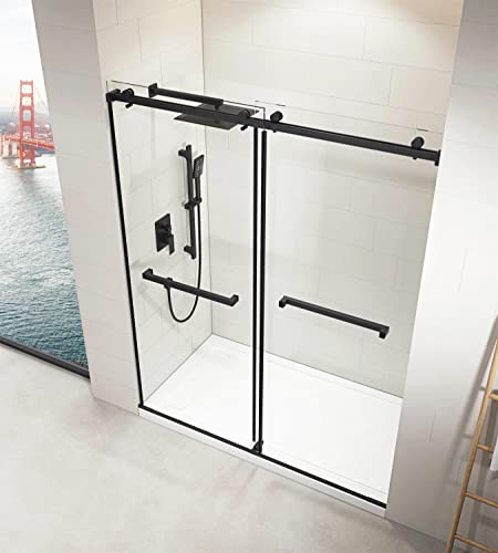 Livinest Frameless Sliding Shower Door - 60X76 Inches Bypass Tempered Glass Gliding Doors - 5 Foot Walkin Shower Sliding Doors For Home Bathroom Matte Black #TOP1