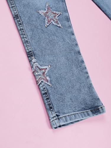 Image of KiddoPanti Girls Full Length Frayed Star Patch Washed Denim Jeans with Elasticated Waistband