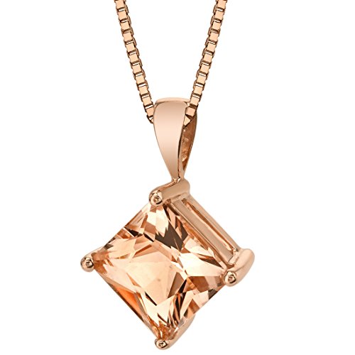 PEORA 14K Rose Gold Morganite Pendant, Genuine Gemstone Classic Solitaire, 2.25 Carats Princess Cut, 8mm, 100% Natural & Real, Pretty Peach Pink Morganite, w/Jewelry Box