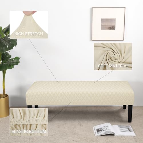 Image of SearchI Dining Bench Cover, Stretch Washable Long Bench Seat Covers, Rectangle Dining Table Bench Slipover for Dining Room, Living Room, Kitchen(Beige Diamond Jacquard)