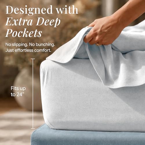 Image of Tribeca Living Queen Flannel Fitted Sheet 170 GSM Brushed Cotton - Extra Deep Pocket Fits Mattresses up to 24 Inches - Warm and Cozy for Cold Nights in Sky Blue