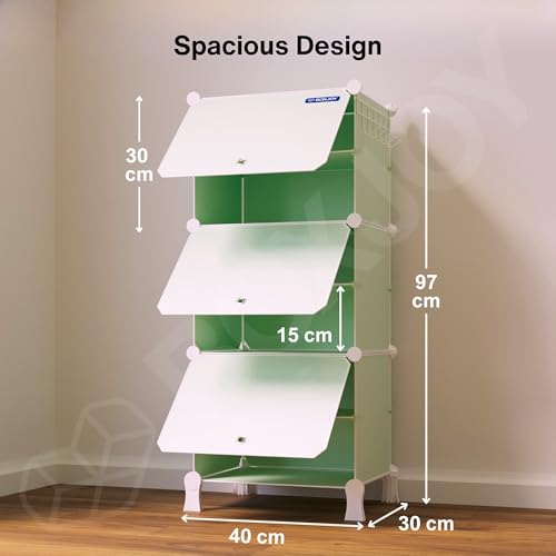 Image of BOXJOY 6 Shelf Shoe Rack with 3 Doors, Magnets, 5 Hook Steel Holder & Wooden Hammer for Home Storage PP Plastic Organizer with Metal Door Frame to Cover Chappal Slipper Sandals Shoes Box Stand (Green)