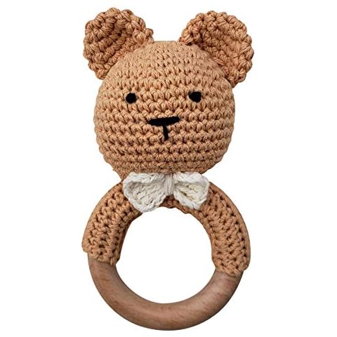 Natural Crochet Teddy Bear Teether Baby Toy Rattle Forest Friends Amigurumi on Natural Wooden Teething Ring Rattle New Born Photography (Teddy Bear Rattle) Cover