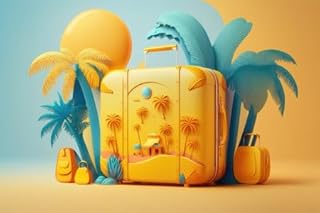 adrium Póster de 140 x 90 cm: sobre un fondo azul, una pieza de equipaje de color amarillo brillante muestra algunos artículos de vacaciones y algunas palmeras (200347707)