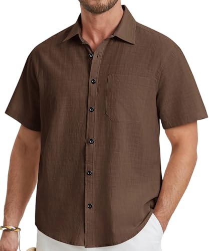 Image of HISDERN Mens Linen Shirts Short Sleeve Smart Casual Brown Shirt Button Down Summer Beach Shirt for Men Adult Lightweight Spread Collar 2XL