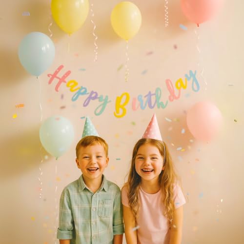 Image of Wanna Party Happy Birthday Macaron Cursive Banner Garland Rainbow Banner Reusable Happy Birthday Sign for Birthday Banners for Party Decor(Macaron Color)