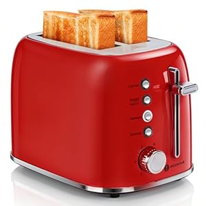 Aigostar Retro broodrooster, 2 extra brede korte sleuven van 4 cm, speciaal programma bagels, ontdooien, opwarmen en annuleren, 6 bruiningsniveaus, vintage design in rood, roestvrij staal, 850 W