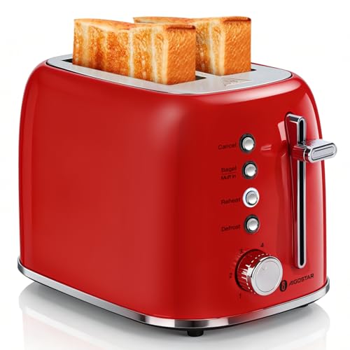 Aigostar Grille Pain, 2 Fentes Extra-Larges, Vintage Inox Rouge, Fonction Bagel/Décongélation/Réchauffage/Annulation, 6 Niveaux de Dorage, Tiroir...