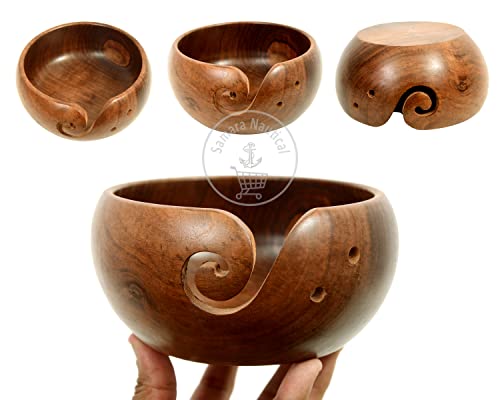 Samara Nautical Rosewood Wooden Yarn Bowl - 3" x 6" Crochet & Knitting Holder with Holes - Ideal Ideal for Knitting & Crochet - Image 3