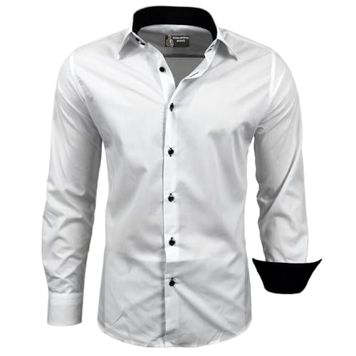 Subliminal Mode RN44 - Camisa, de planchado fácil, para hombre, cuello bicolor liso, manga larga, ceñida, para negocios, para regalo, Navidad y San Valentín, blanco, XXL