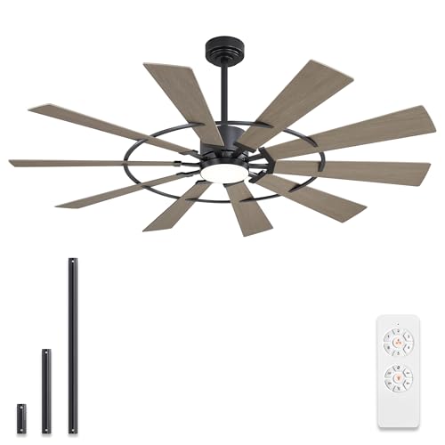 WINGBO 84 Windmill Ceiling Fan with Lights 3 Downrod 6-Speed Reversible DC Motor 3CCT 10 Blade Indoor Farmhouse DC Ceiling Fans for Kitchen Bedroom Living Room Patio Matte Black and Grey