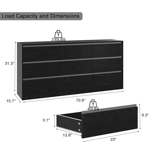 Image of Bobve 70.9 inch Dresser for Bedroom with 9 Drawers, Large Modern Chest of Drawers with Deep Drawers, Wide Double Dresser Handle Free, Storage Organizer for Bedroom, Living Room, Hallway (Black)
