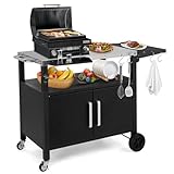 Outopee Outdoor Grill Dining Cart, Pizza Oven Serving Trolley with Wheels, Stainless Steel Top, Side Handle, Storage Cabinet, 6 Hooks, Portable Patio Food Prep Table for Kitchen Garden Party