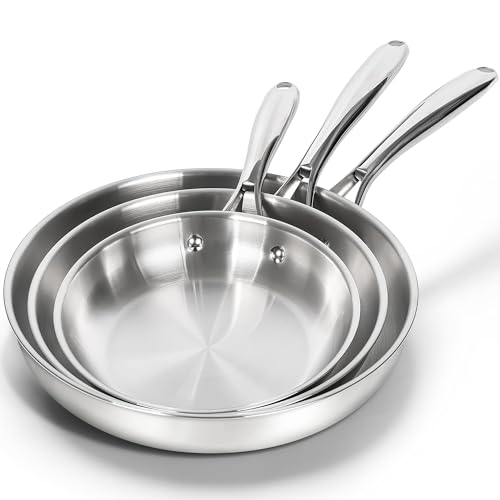 Image of MICHELANGELO 18/10 Stainless Steel Frying Pan Set, 8" / 9.5" / 11" Cooking Pans, Triply Base Stainless Steel Pan Set with Ergonomic Handle, Induction Compatible