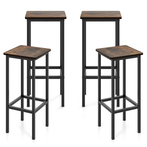 Image of COSTWAY Industrial Bar Stools Set of 4, 26 inch Backless Square Breakfast Bar Chairs with Metal Frame and Footrest, Counter Height Stools for Kitchen Island Dining Room Living Room, Rustic Brown