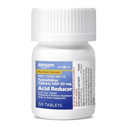 Image of Amazon Basic Care Maximum Strength Famotidine Tablets 20 mg, Acid Reducer for Heartburn Relief, Prevents & Relieves Acid Indigestion, Heartburn Medicine, 50 Count
