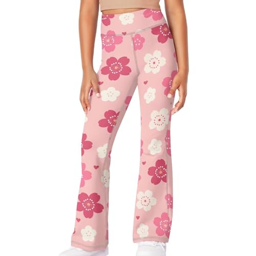 Cherry Blossom Pattern Girls Yoga Pants High-Waisted Wide Leg Flared Leggings for Children 5-14 Years Cute Bell Bottoms