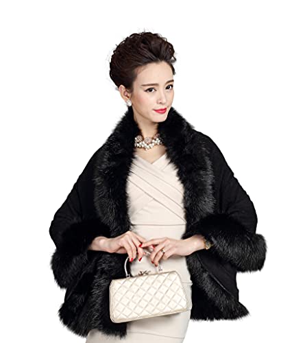 Elfjoy Luxury Bridal Faux Fur Cashmere Wool Shawl Cloak Cape Wedding Dress Party Coat For Winter (Black) #TOP2