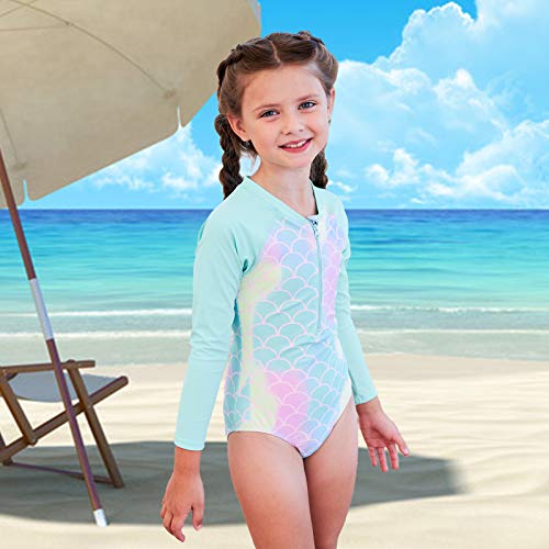 Image of Moon Tree Girls One Piece Swimsuits Long Sleeve Rash Guard Zipper Front Bathing Suit UPF 50+