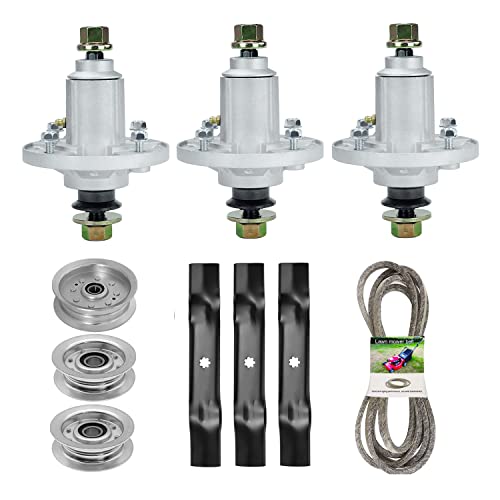 ILONPA 48 inch Spindle Lawn Mower Deck Rebuild Kit for John Deere LA130 D140 LA130 LA140 D140 D150 E140 E150, 3 Spindle Assembly for GY20454 GY20867, 3 Idlers GY20067, 3 Blades GX21784, 1 Belt GX20571