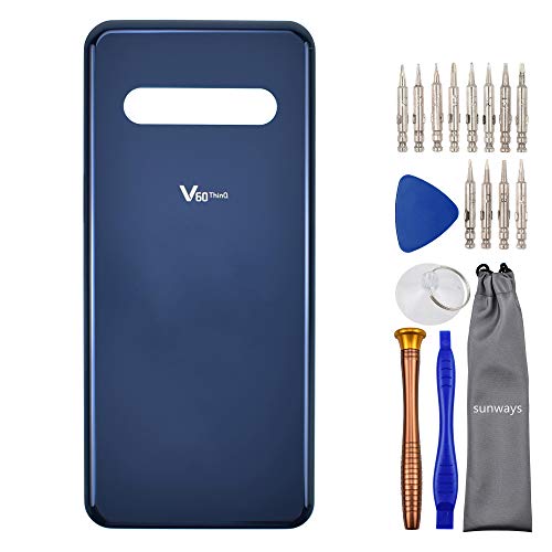 Sunways Glass Back Case Battery Door with Pre-Cut Adhesive on Case Replacement for LG V60 ThinQ 5G LM-V600 Classy Blue