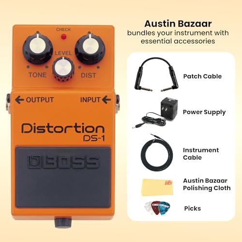 Image of Boss DS-1 Distortion Bundle with Gearlux Power Supply, Instrument Cable, Patch Cable, Picks, and Austin Bazaar Polishing Cloth