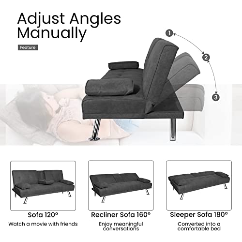 Dklgg Futon Sofa For Living Room, Modern Convertible Sofa Bed Couch With 2 Cup Holders W/Removable Armrest, Apartment Folding Sofa Couch For Small Spaces, Easy To Assemble(Dark Gray) #TOP4