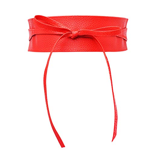 Woman Wide PU Leather Belt Obi Belt Self Tie Cinch Belt Wrap Around Bowknot Waistband Bright Color for Dress, Red B, L( length 98.5 '')